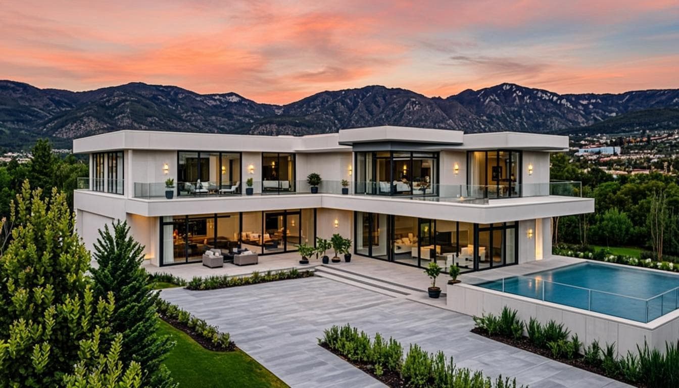 Modern white house with large glass windows, swimming pool, and mountain backdrop at sunset