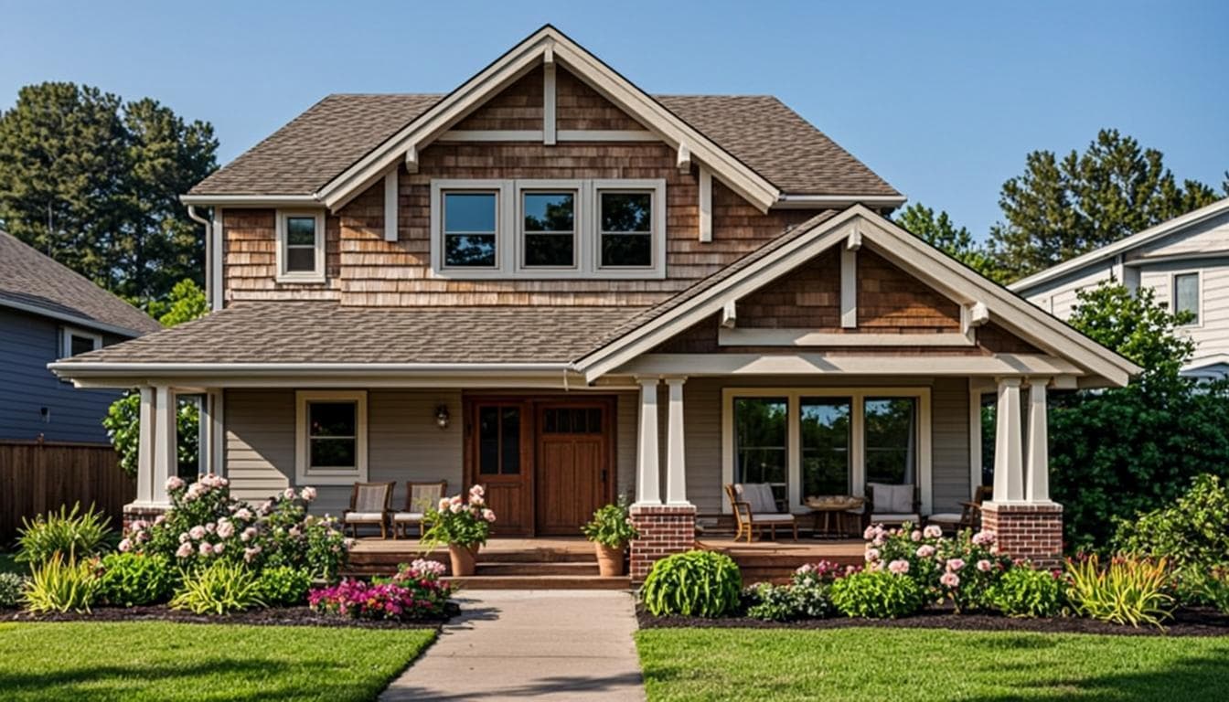 Two-story house with wood shingle siding, covered front porch, and landscaped flower beds